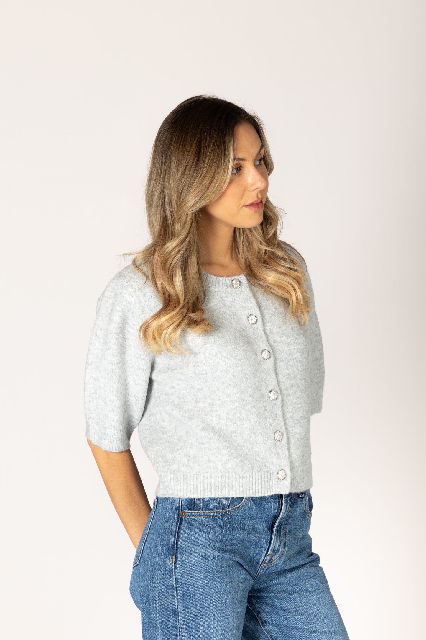 Aimee Novelty Short Sleeve Cardi - Fog
