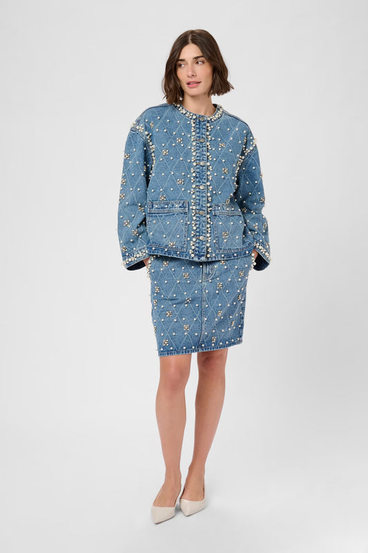 Alys Denim Jacket With Pearls - Light Blue Wash