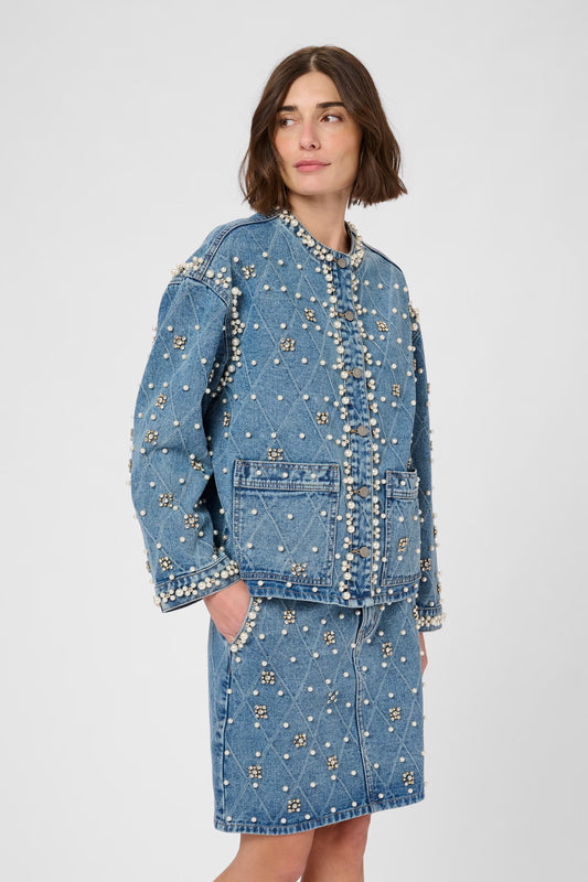 Alys Denim Jacket With Pearls - Light Blue Wash