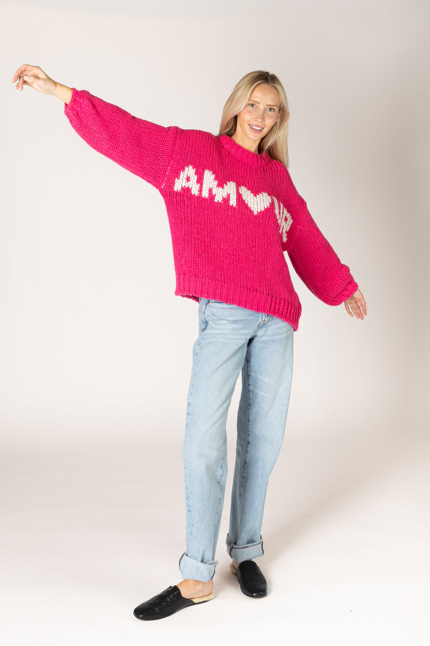 Lainey Hand Knit Amour Sweater - Cerise / Off White