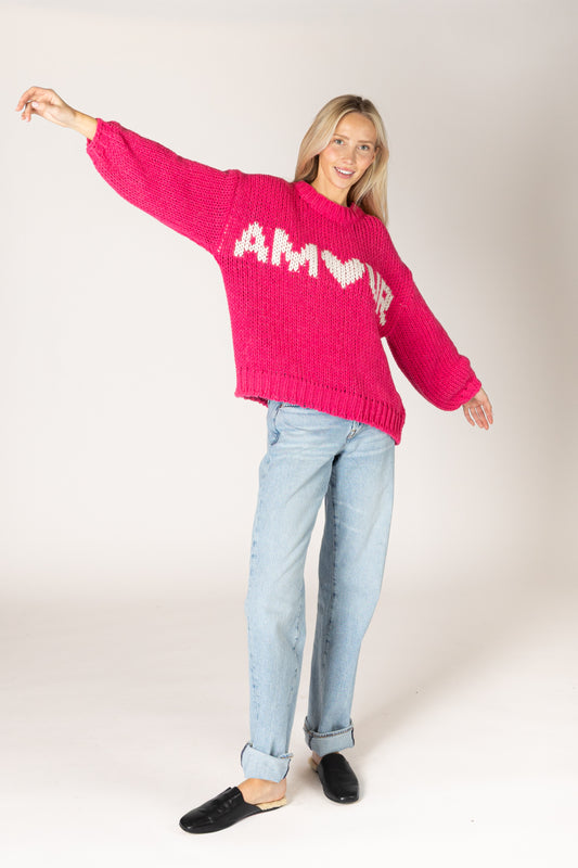 Lainey Hand Knit Amour Sweater - Cerise / Off White