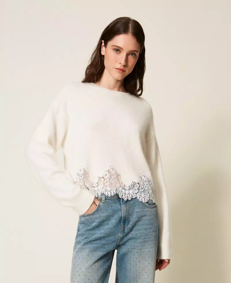 Angora Jumper with Embroidery and Lace - White Snow
