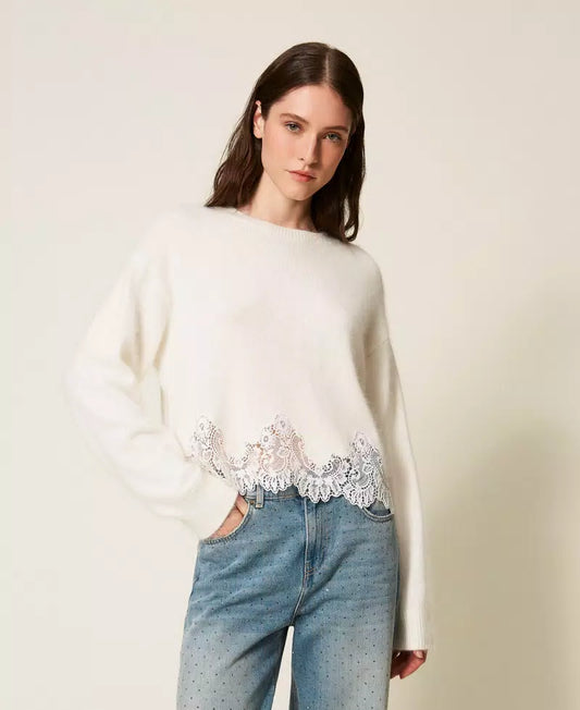 Angora Jumper with Embroidery and Lace - White Snow