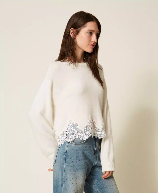 Angora Jumper with Embroidery and Lace - White Snow