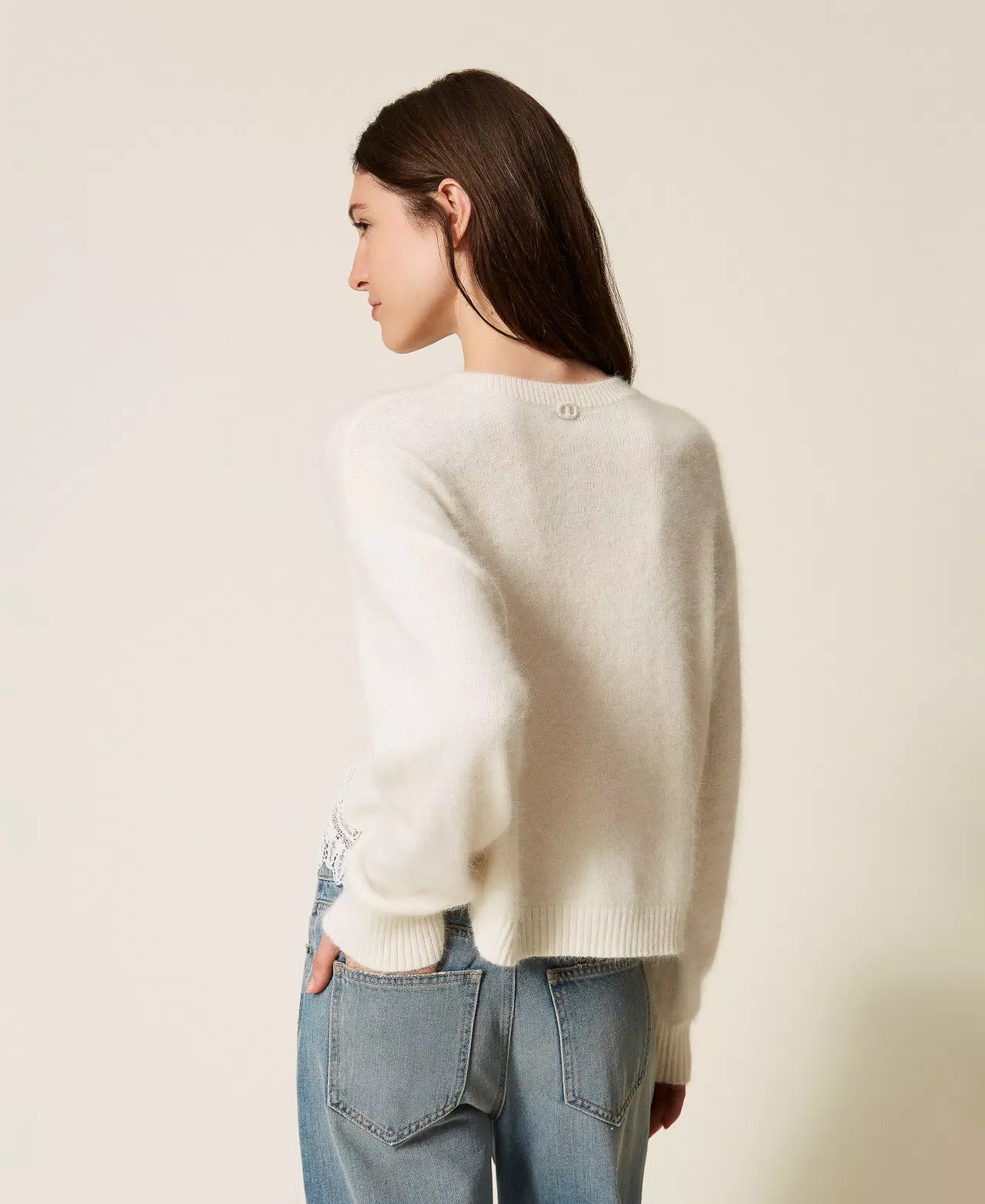 Angora Jumper with Embroidery and Lace - White Snow