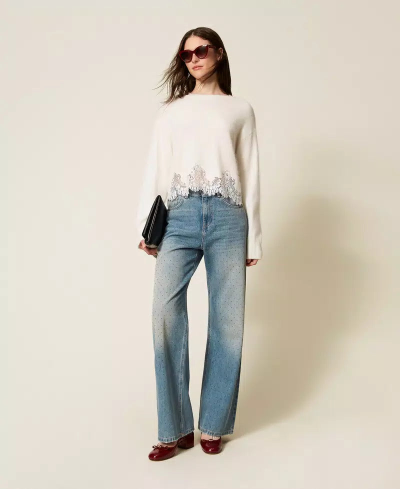 Angora Jumper with Embroidery and Lace - White Snow