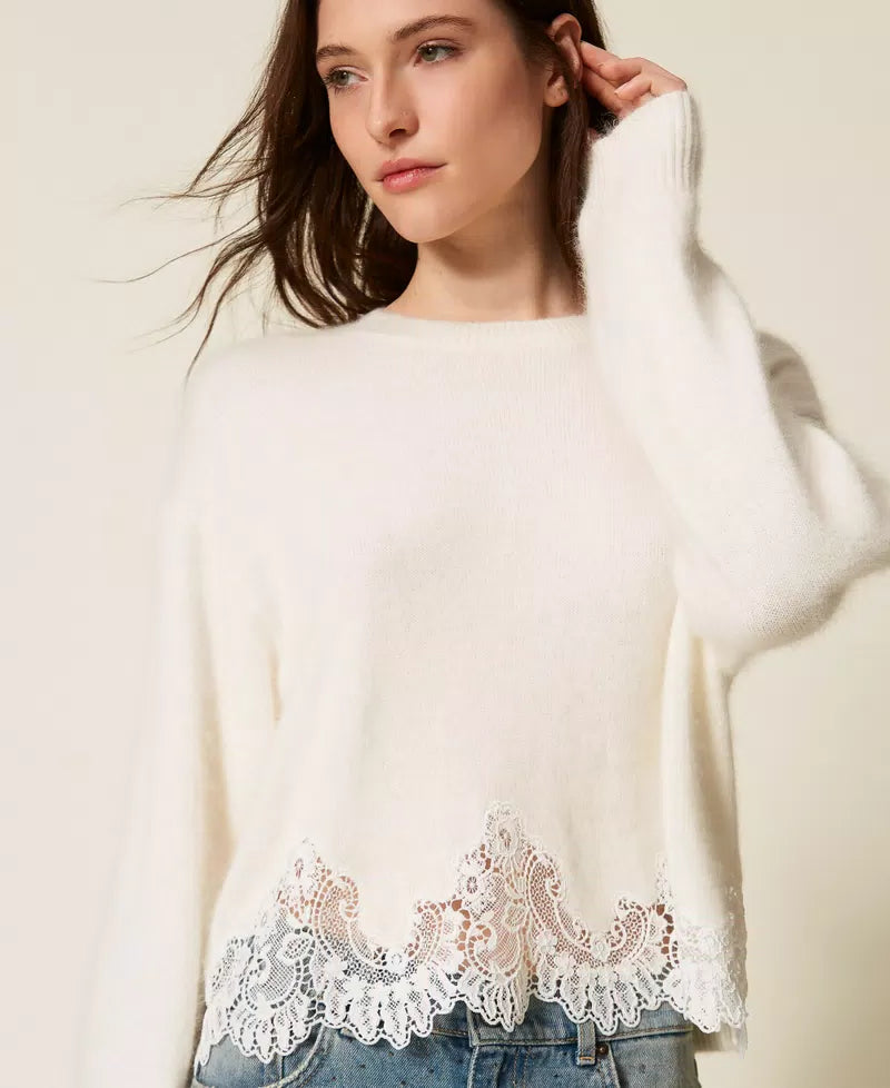 Angora Jumper with Embroidery and Lace - White Snow