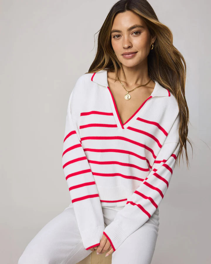 Arden Striped Polo Sweater - White/Rouge