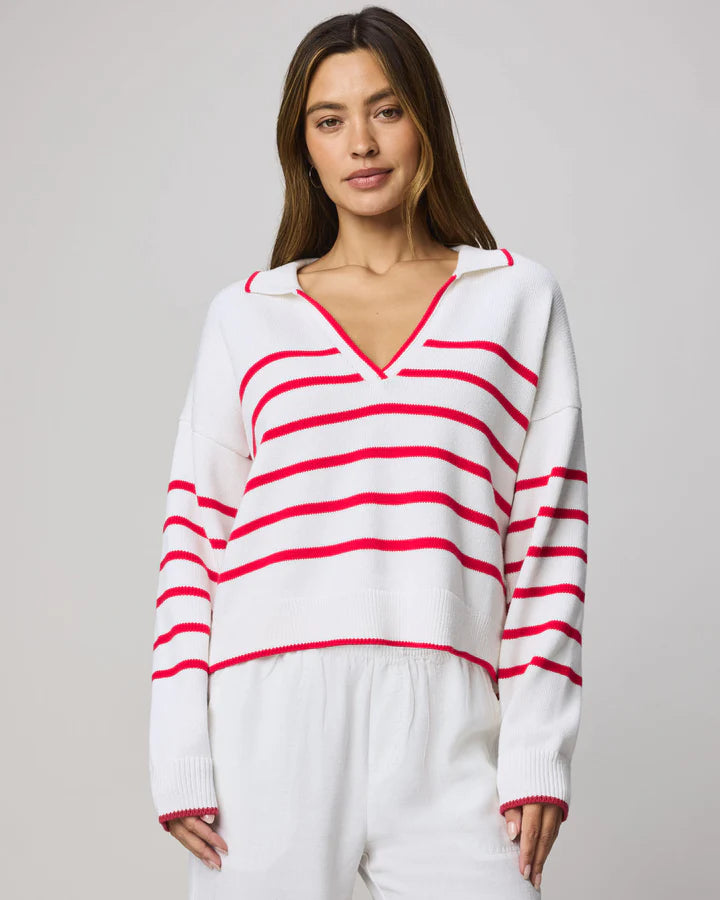 Arden Striped Polo Sweater - White/Rouge