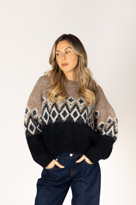 Aria Fair Isle Crew Sweater - Camel / Black