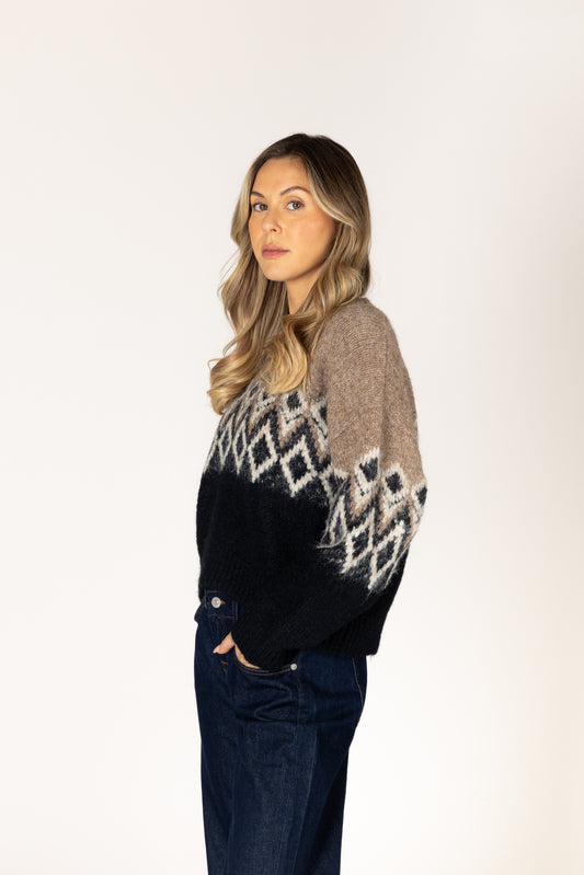 Aria Fair Isle Crew Sweater - Camel / Black