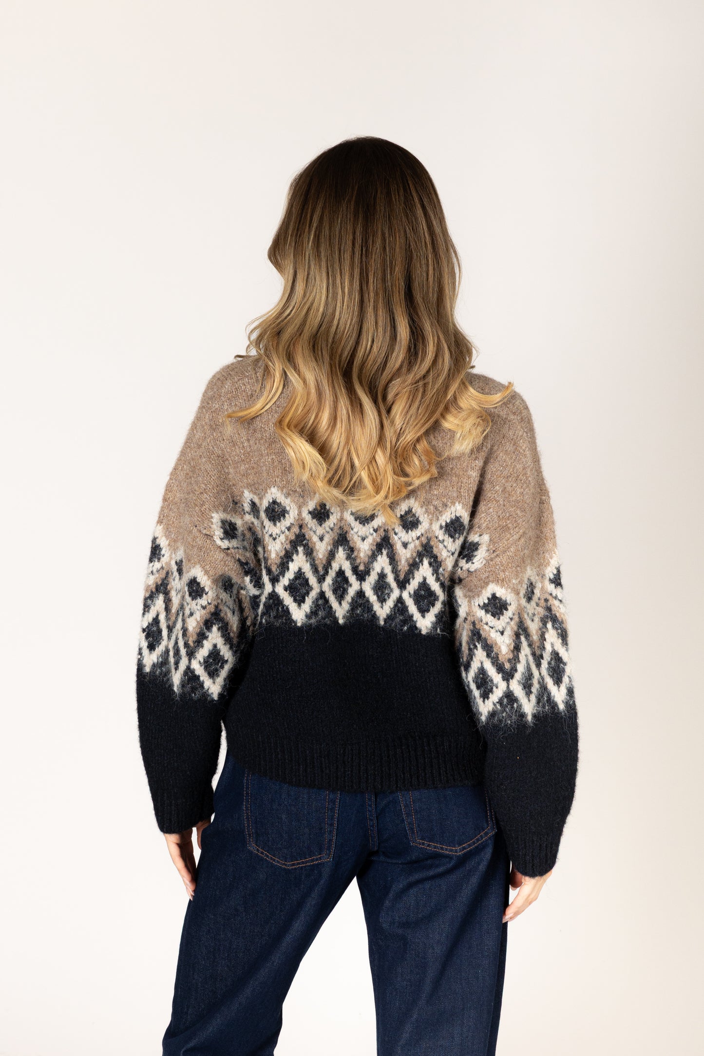 Aria Fair Isle Crew Sweater - Camel / Black