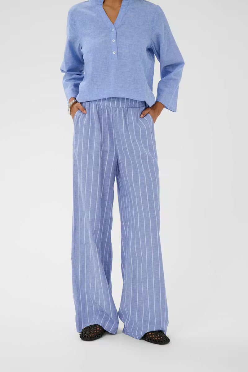 Arletty Linen Pants - Powder Blue/Gardenia Stripe