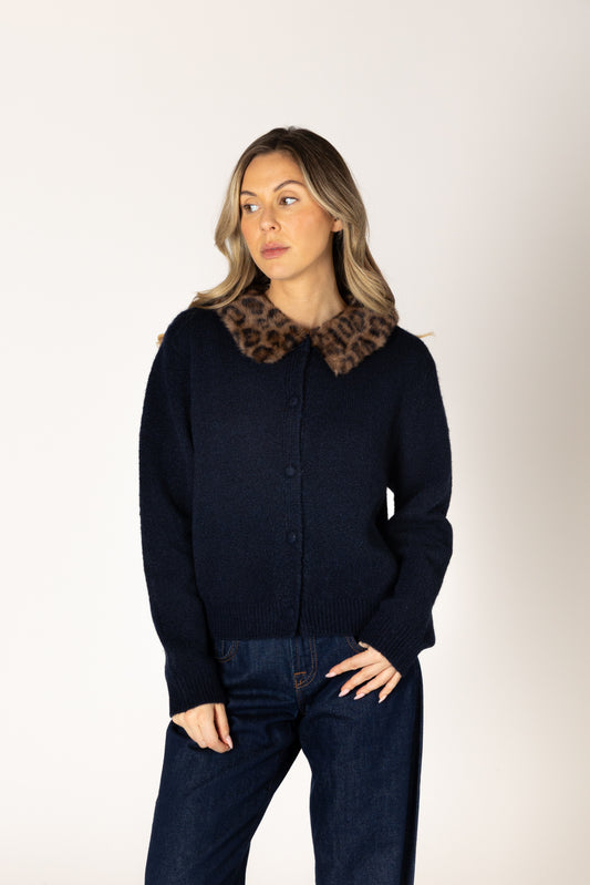 Aurora Novelty Fur Collar Cardi - Navy