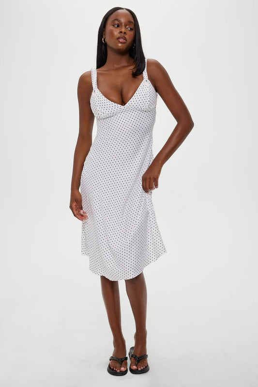 Aurora Satin Midi Dress - White Polka Dot