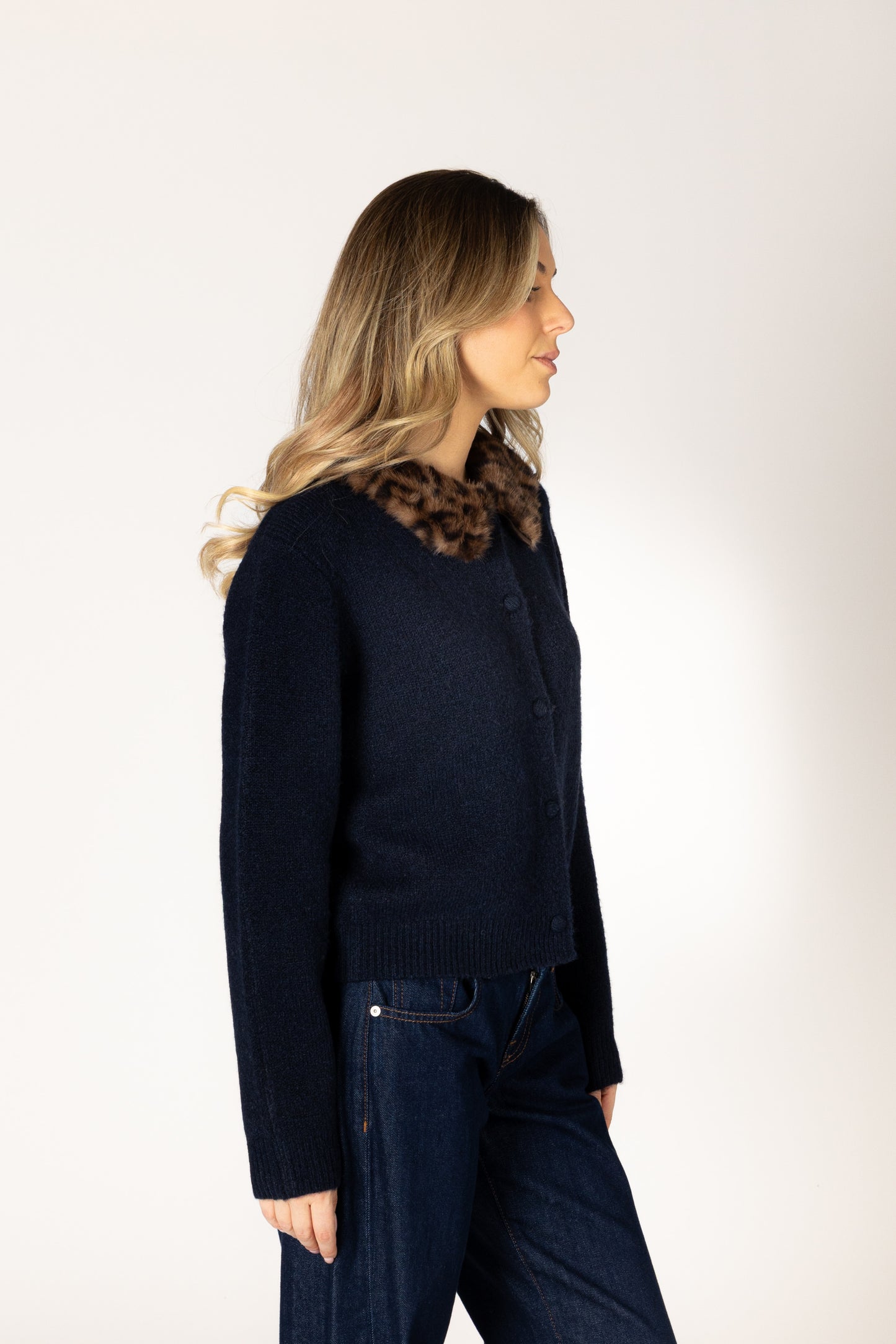 Aurora Novelty Fur Collar Cardi - Navy