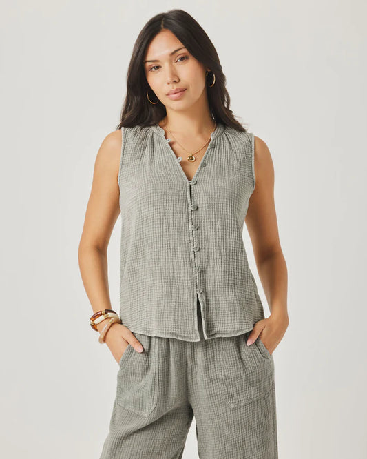 Ava Gauze Button Tank - Eucalyptus