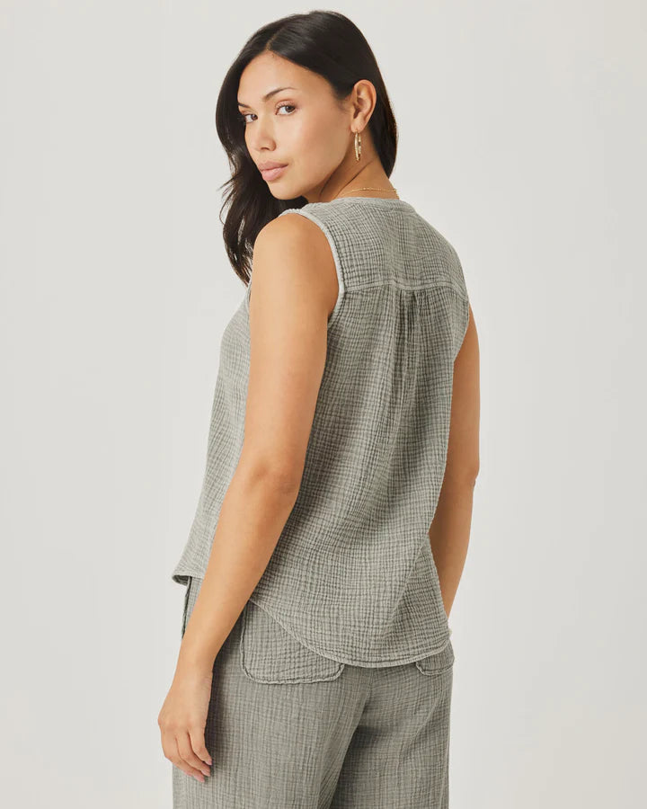 Ava Gauze Button Tank - Eucalyptus