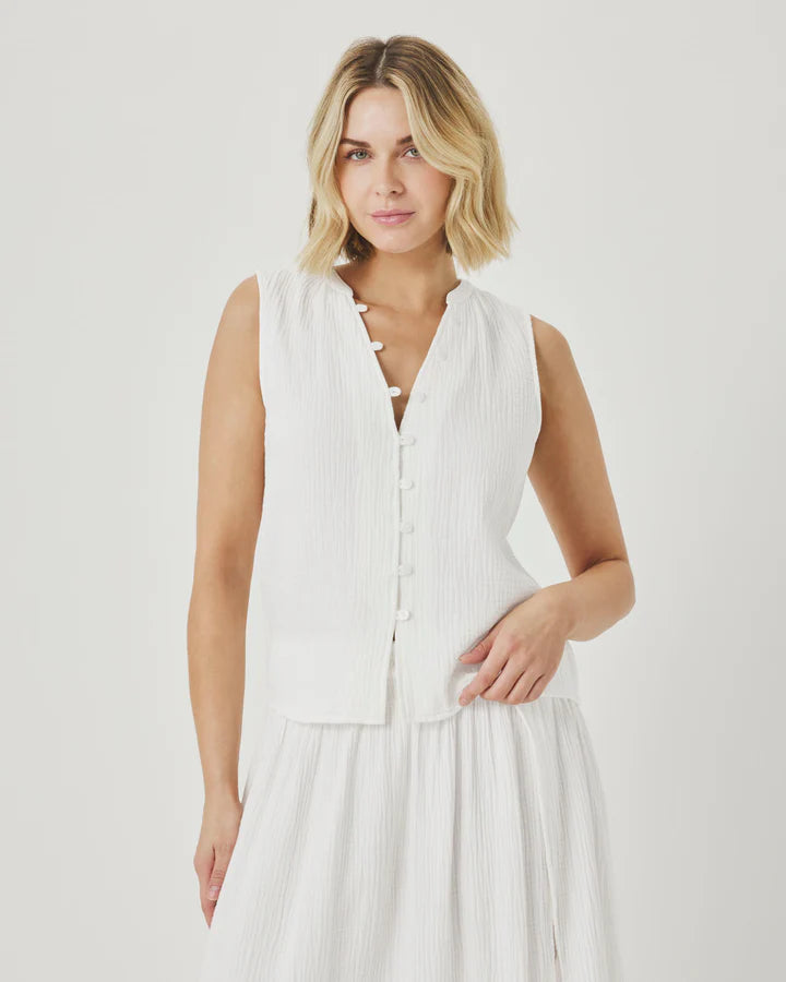 Ava Gauze Button Tank - White