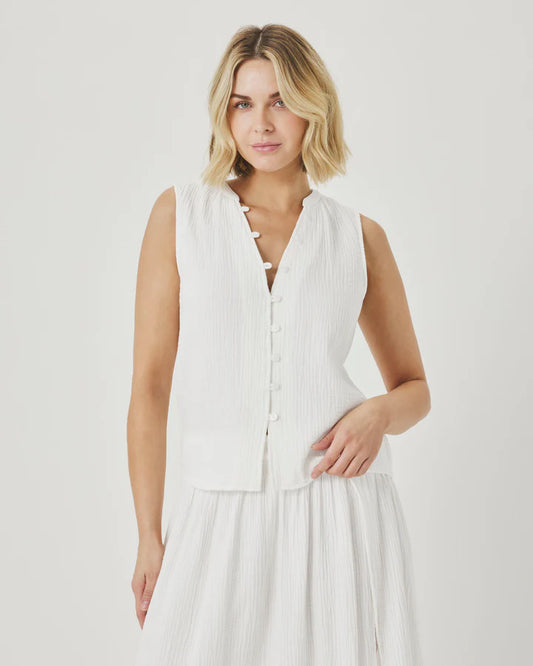 Ava Gauze Button Tank - White