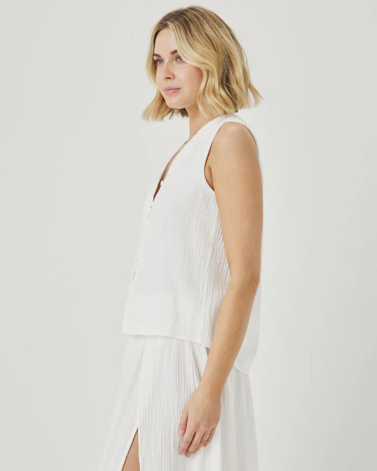 Ava Gauze Button Tank - White