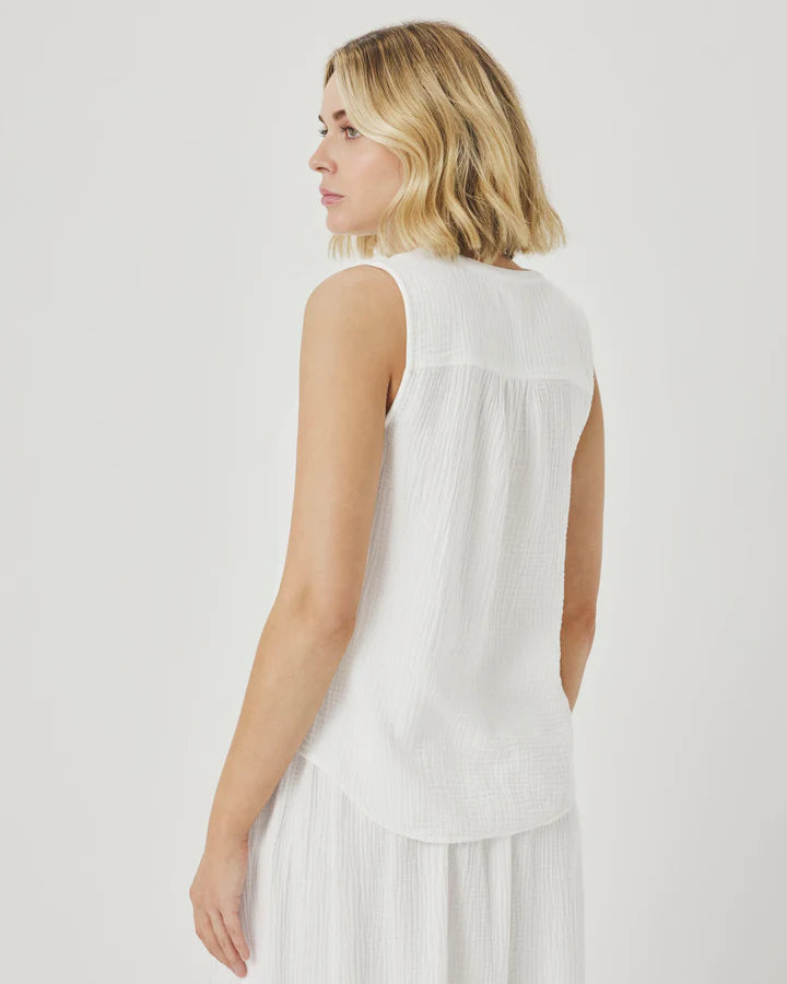 Ava Gauze Button Tank - White