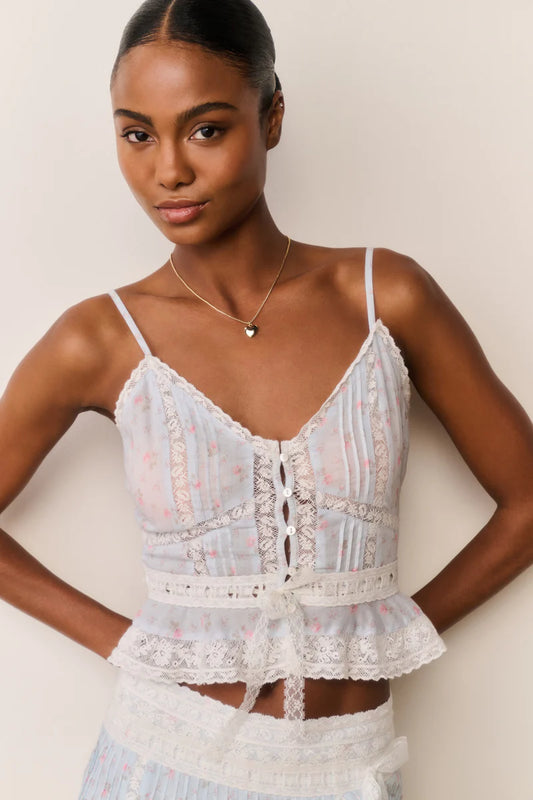 Avra Floral Cotton Peplum Cami - Chapparal Blue