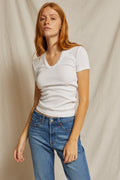 Avril Ribbed Cotton Modal Short Sleeve U-Neck - White