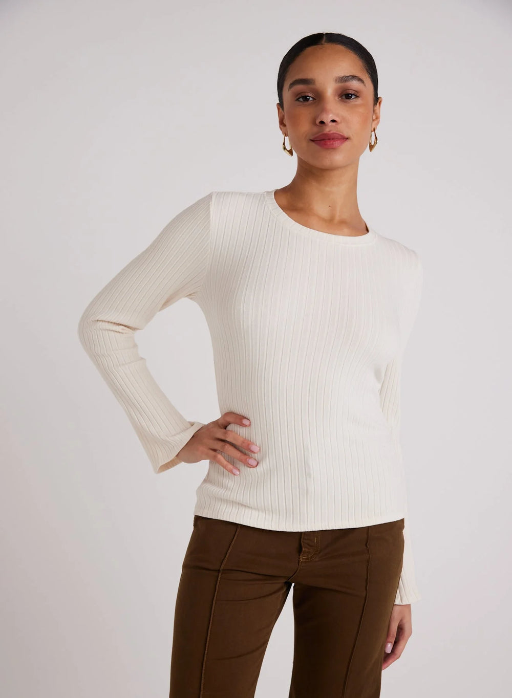 Long Bell Sleeve Rib Crew Tee - Winter White