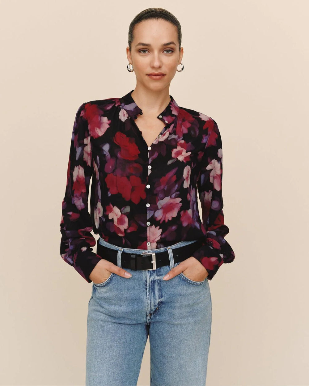 Shirred Button Up Blouse - Berry Bloom Print