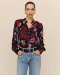 Shirred Button Up Blouse - Berry Bloom Print
