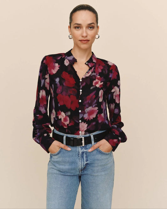 Shirred Button Up Blouse - Berry Bloom Print