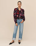 Shirred Button Up Blouse - Berry Bloom Print