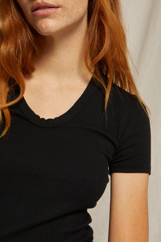 Avril Ribbed Cotton Modal Short Sleeve U-Neck - True Black