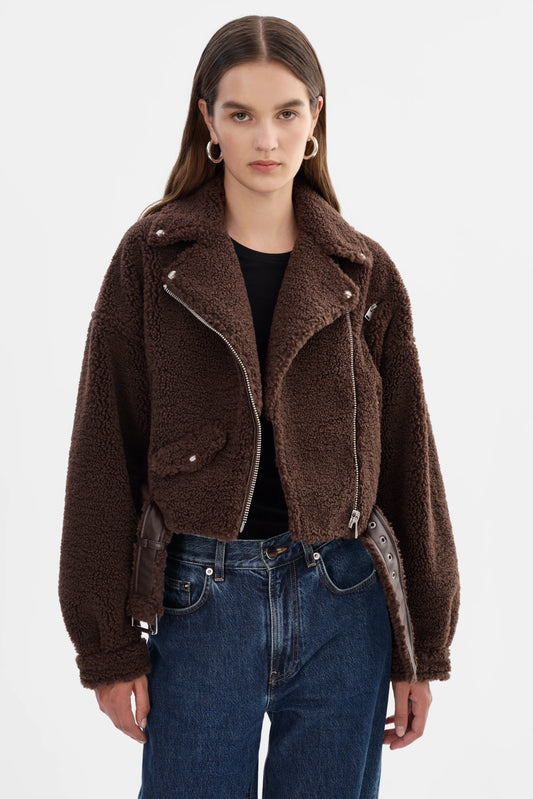 Brina Sherpa Biker Jacket - Brown