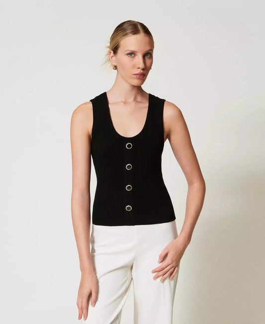 Knit Top with Decorative Buttons - Black