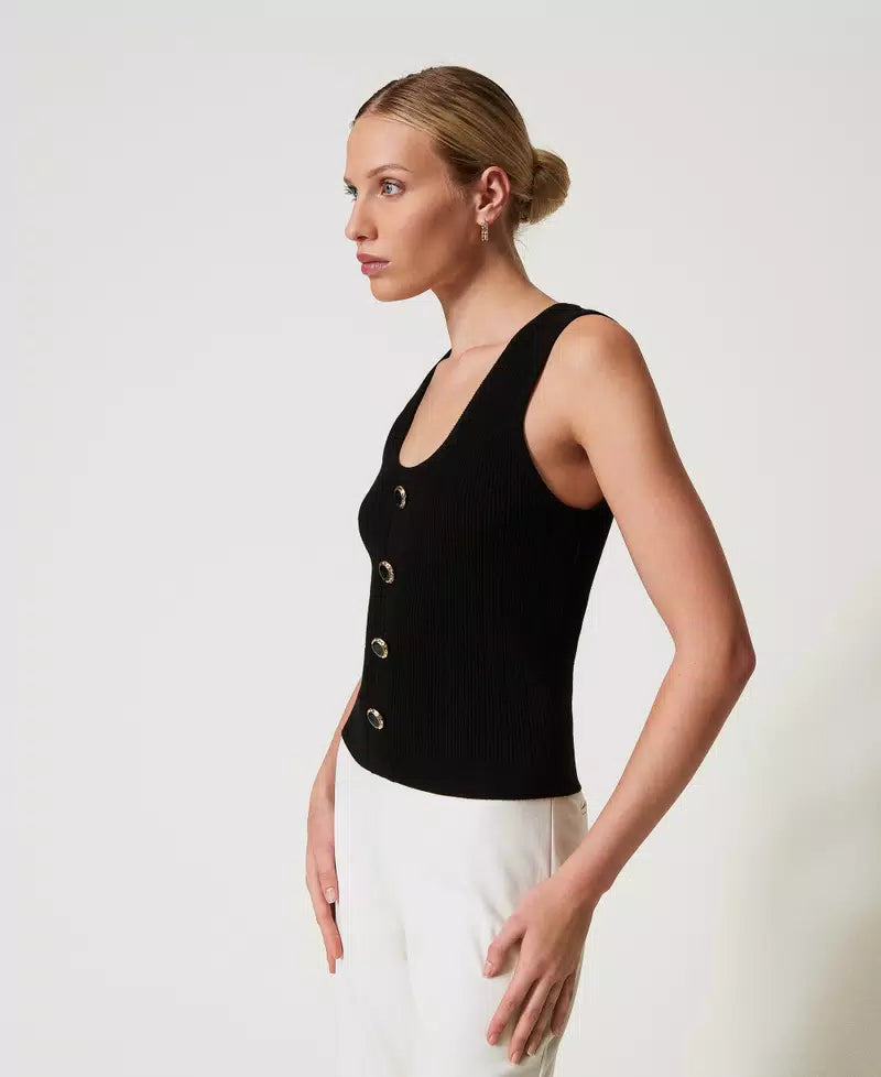 Knit Top with Decorative Buttons - Black