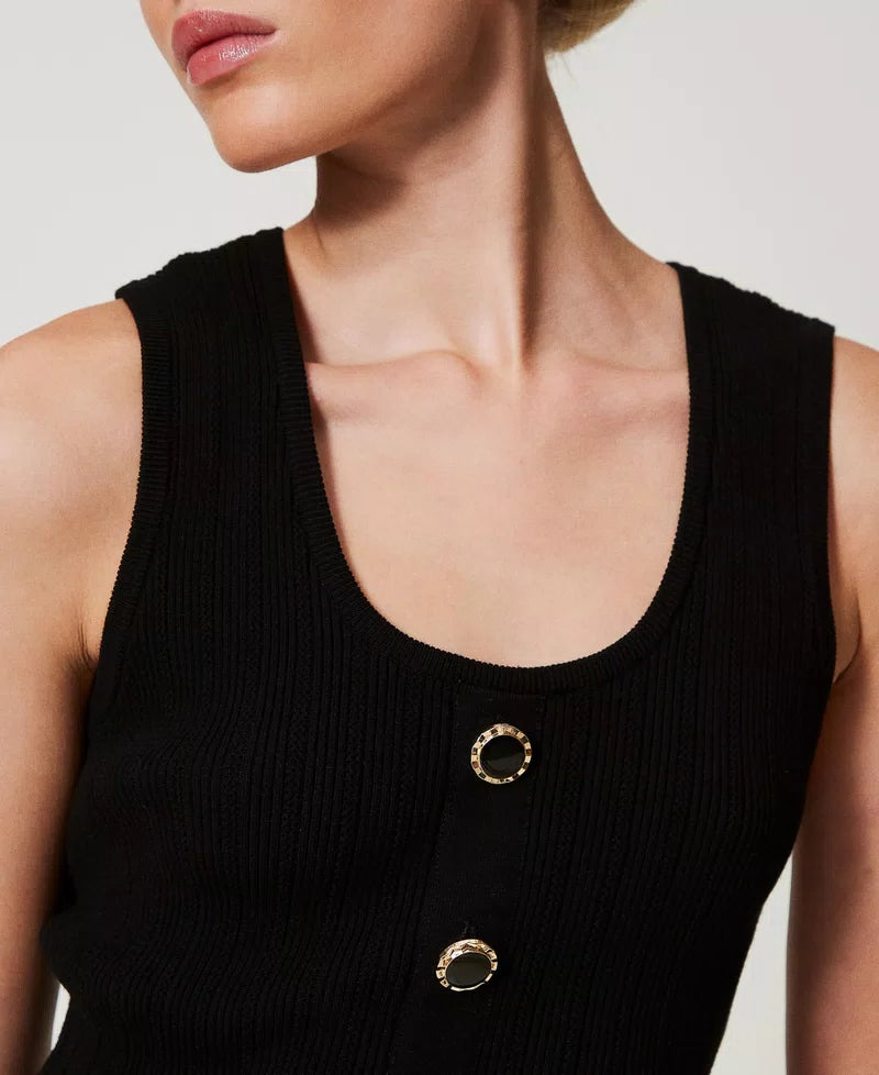 Knit Top with Decorative Buttons - Black