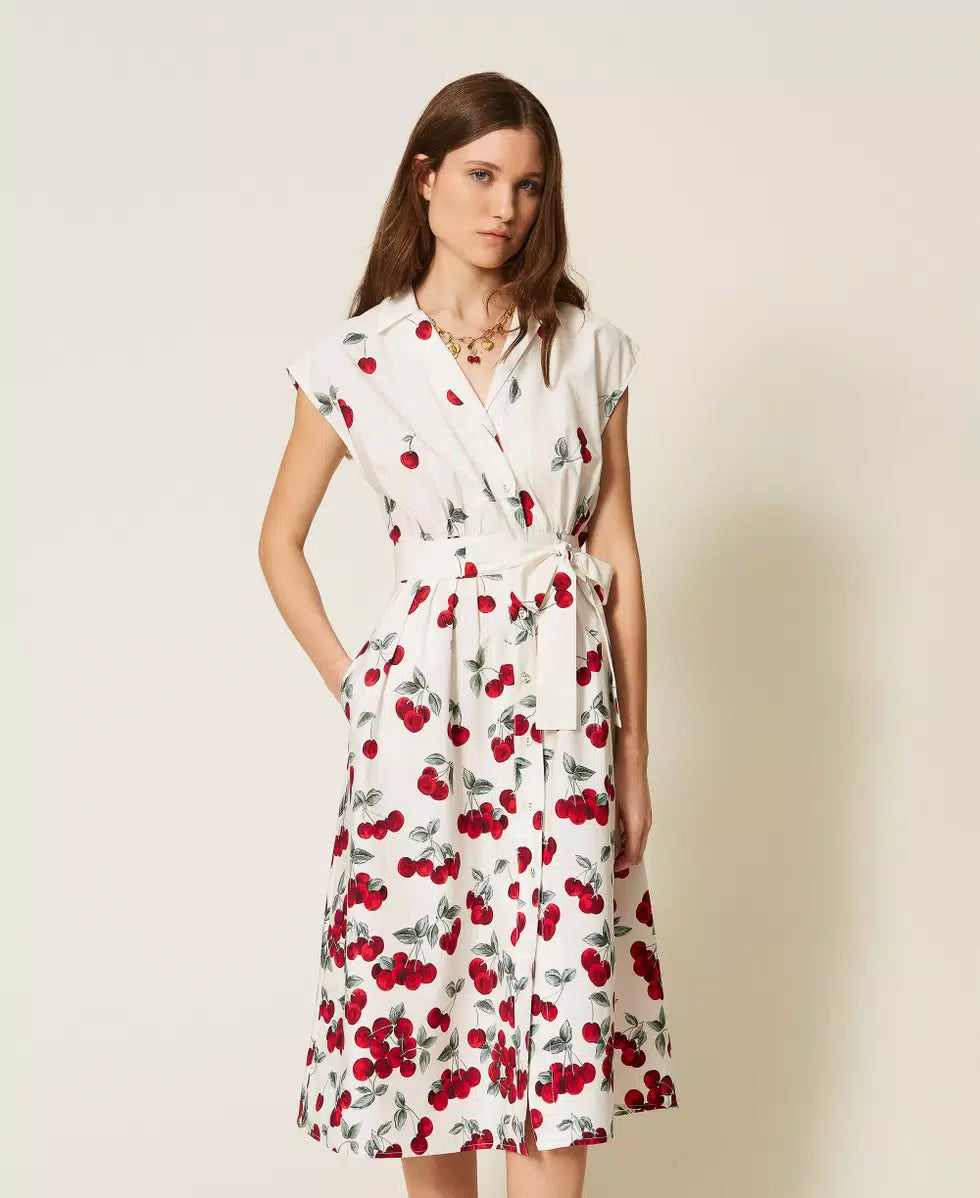 Poplin Midi Dress - White/Red Cherries Degradè