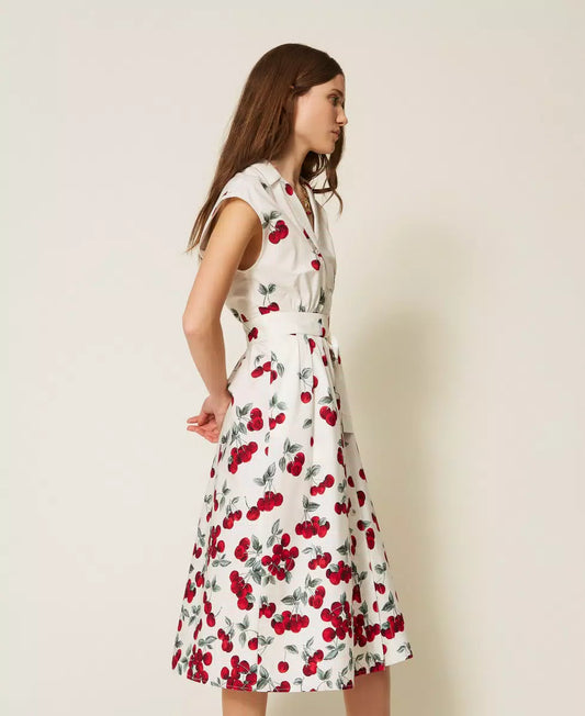Poplin Midi Dress - White/Red Cherries Degradè