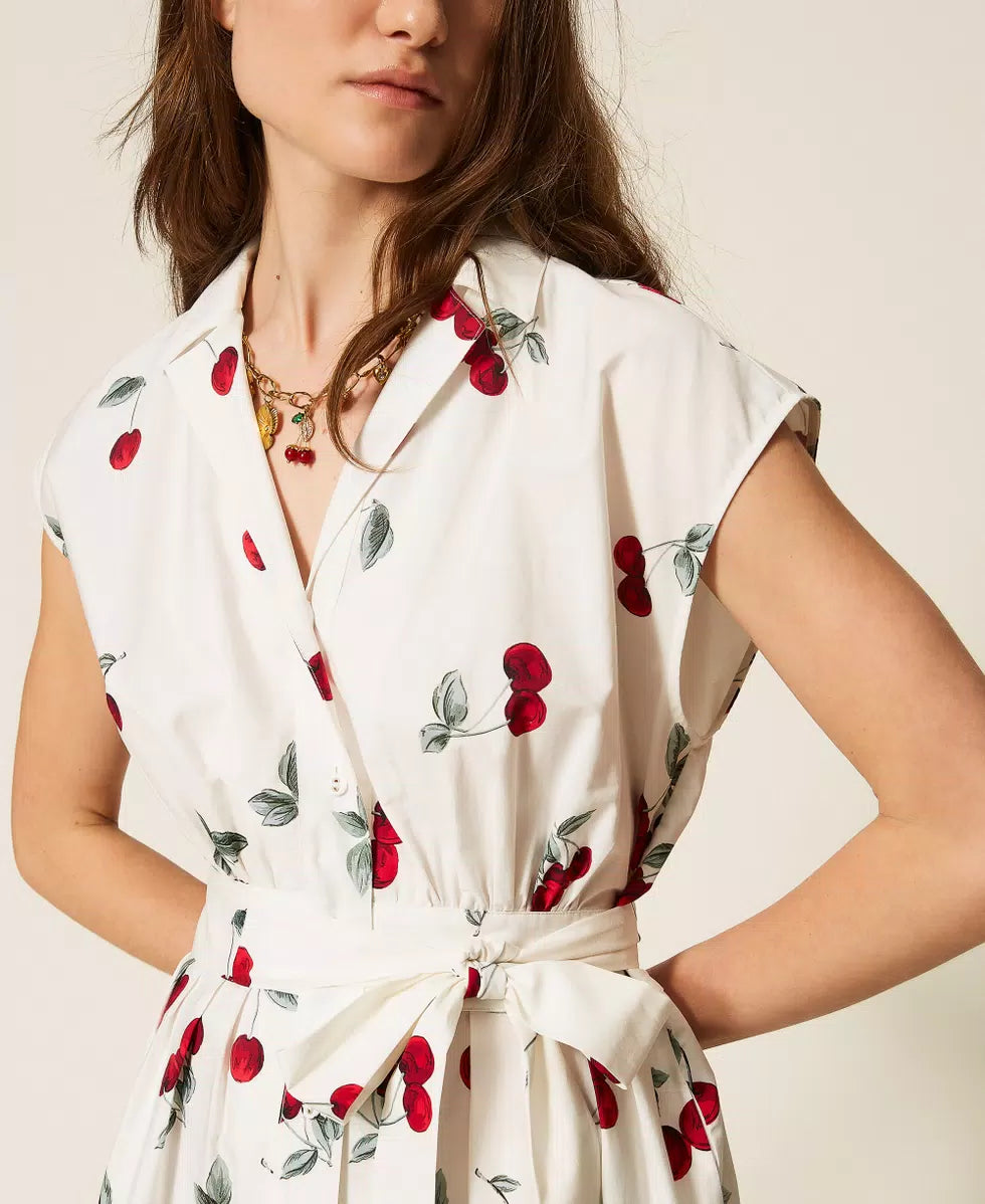 Poplin Midi Dress - White/Red Cherries Degradè