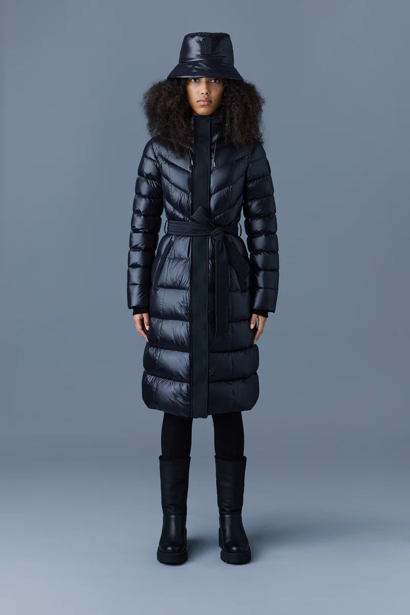 CORALIA Down Coat with Hood and Sash Belt - Black