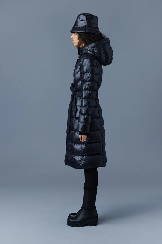 CORALIA Down Coat with Hood and Sash Belt - Black