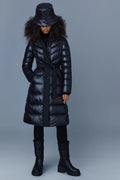 CORALIA Down Coat with Hood and Sash Belt - Black