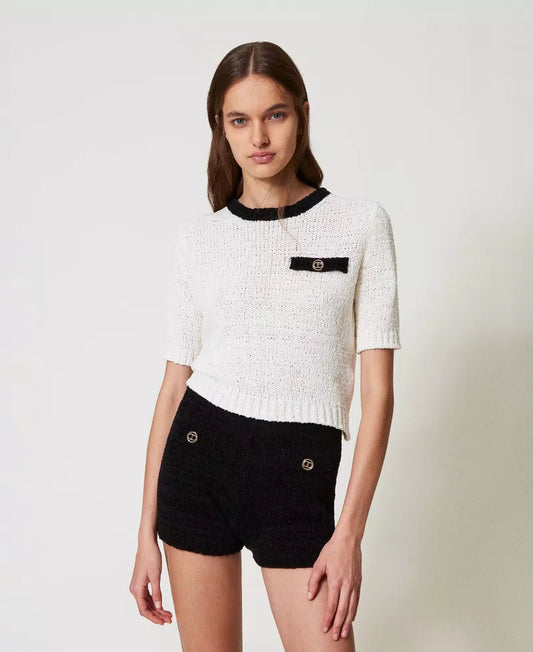 Cropped Jumper with Oval T Button -  Bicolour "Snow" White / Black