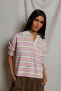 Daria Cotton Collared Rugby Bracelet-Length Sleeve Shirt - Sugar Pink Stripe