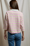 Daria Cotton Collared Rugby Bracelet-Length Sleeve Shirt - Sugar Pink Stripe