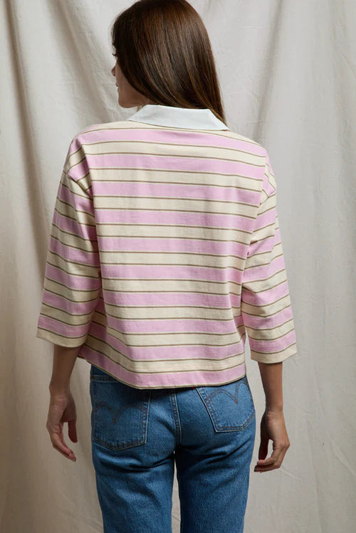 Daria Cotton Collared Rugby Bracelet-Length Sleeve Shirt - Sugar Pink Stripe