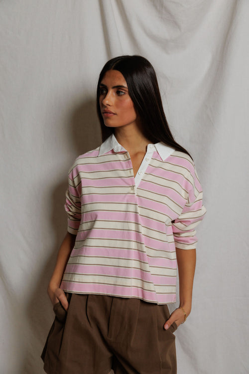 Daria Cotton Collared Rugby Bracelet-Length Sleeve Shirt - Sugar Pink Stripe