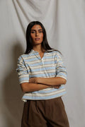 Daria Cotton Collared Rugby 3/4 Sleeve Shirt - Powder Blue Stripe